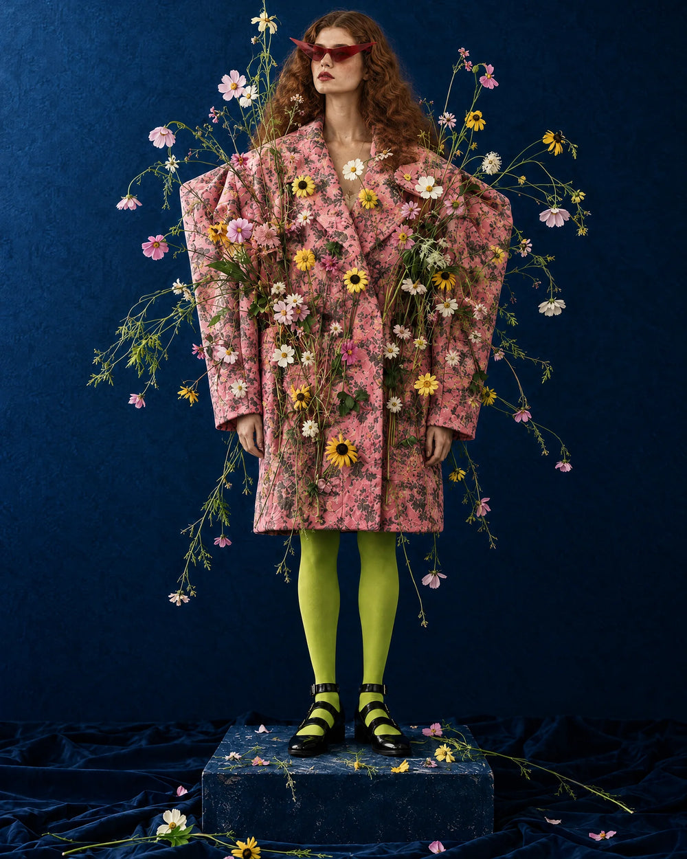 A woman in a patterned pink coat and green tights, surrounded by flowers against a navy backdrop