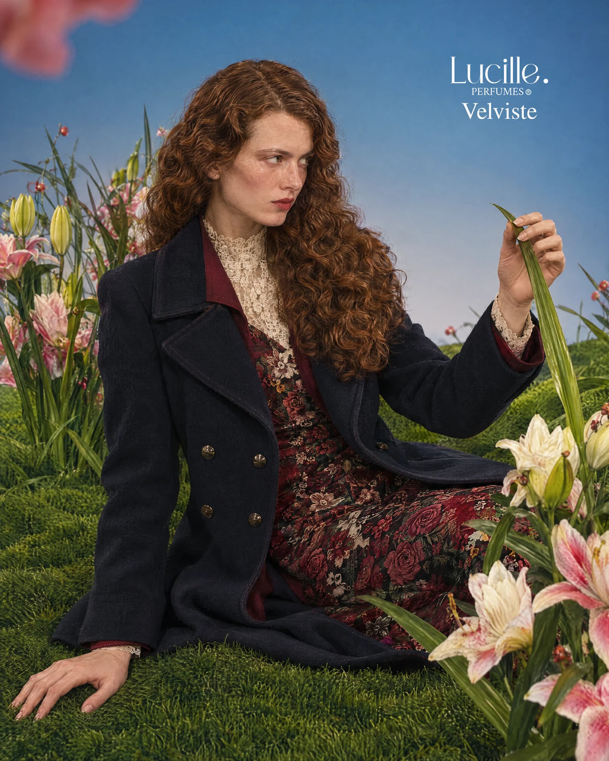 Velviste: An auburn-haired woman in a navy coat seated among flowers, holding a leaf