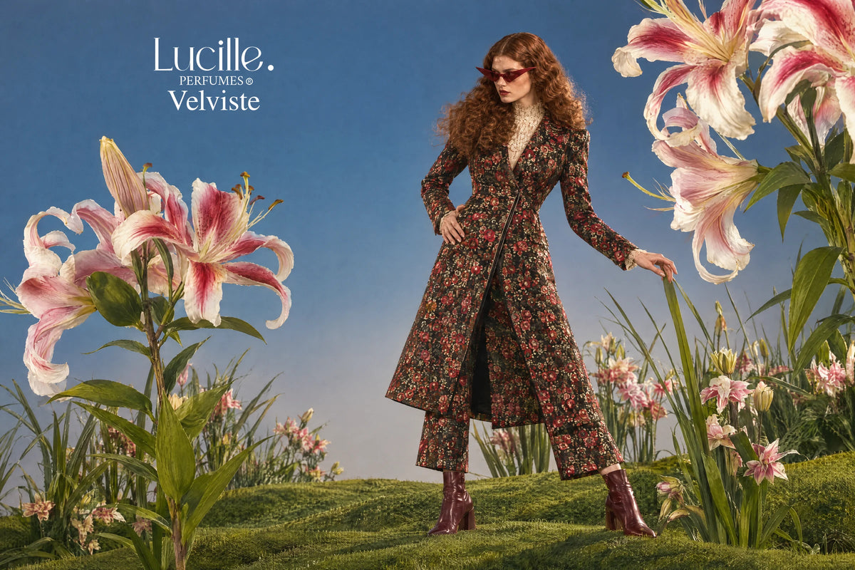 Velviste: A woman in a floral coat and red sunglasses standing among oversized flowers