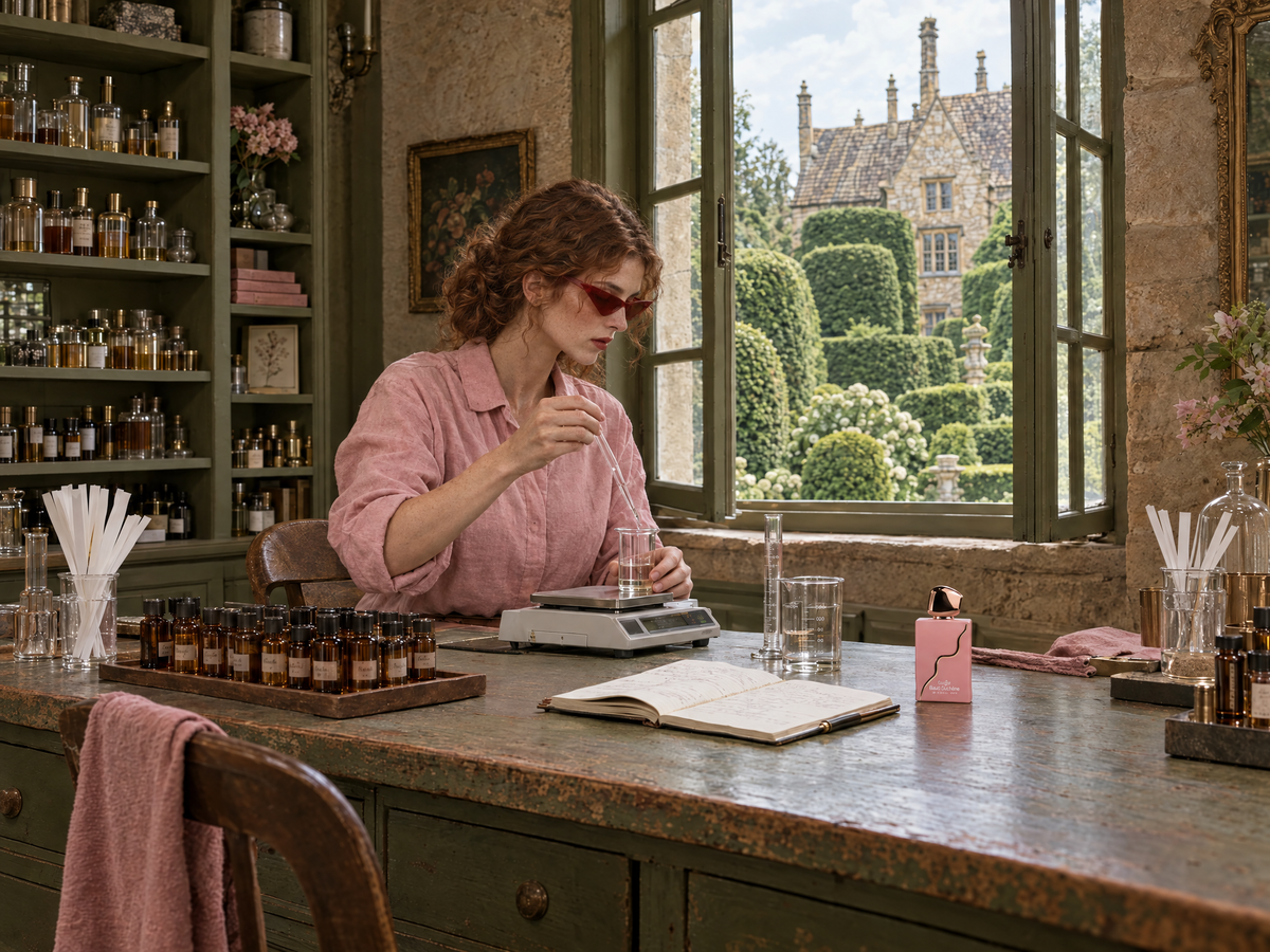 An imagined atelier scene inspired by Lucille’s world of scent.