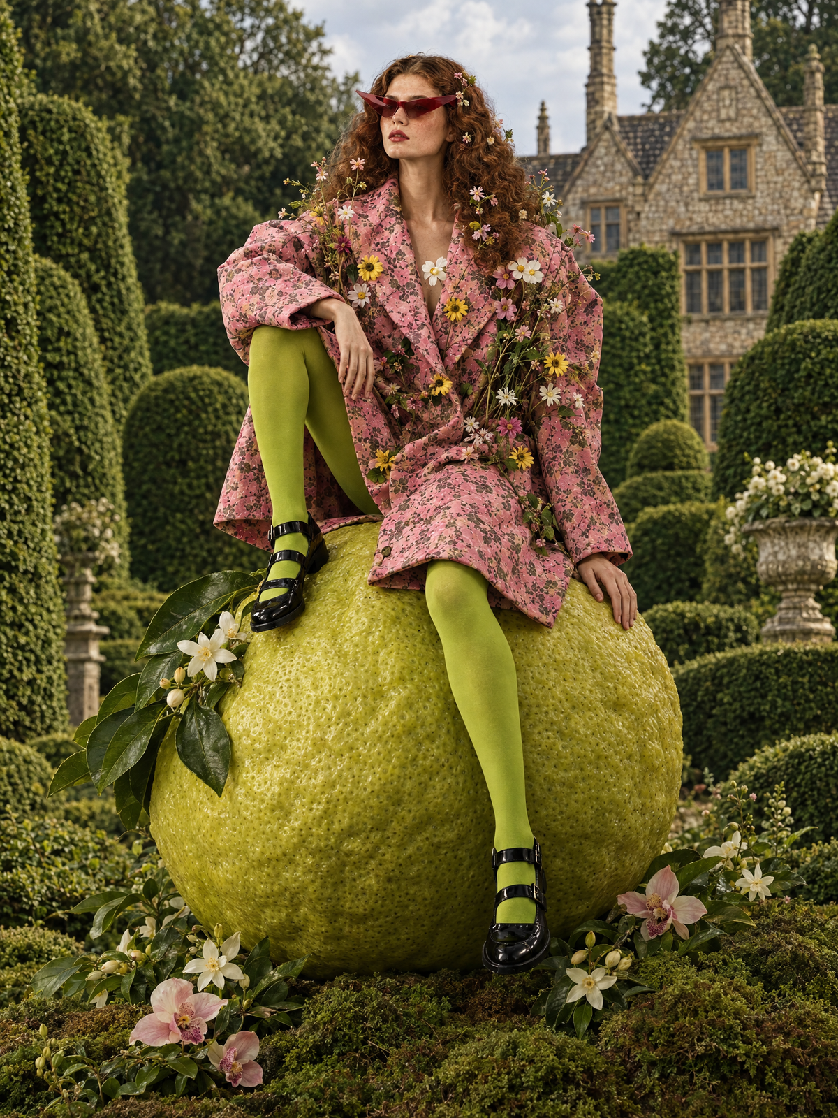 A model seated on an oversized fruit in Lucille’s imaginative fashion world.