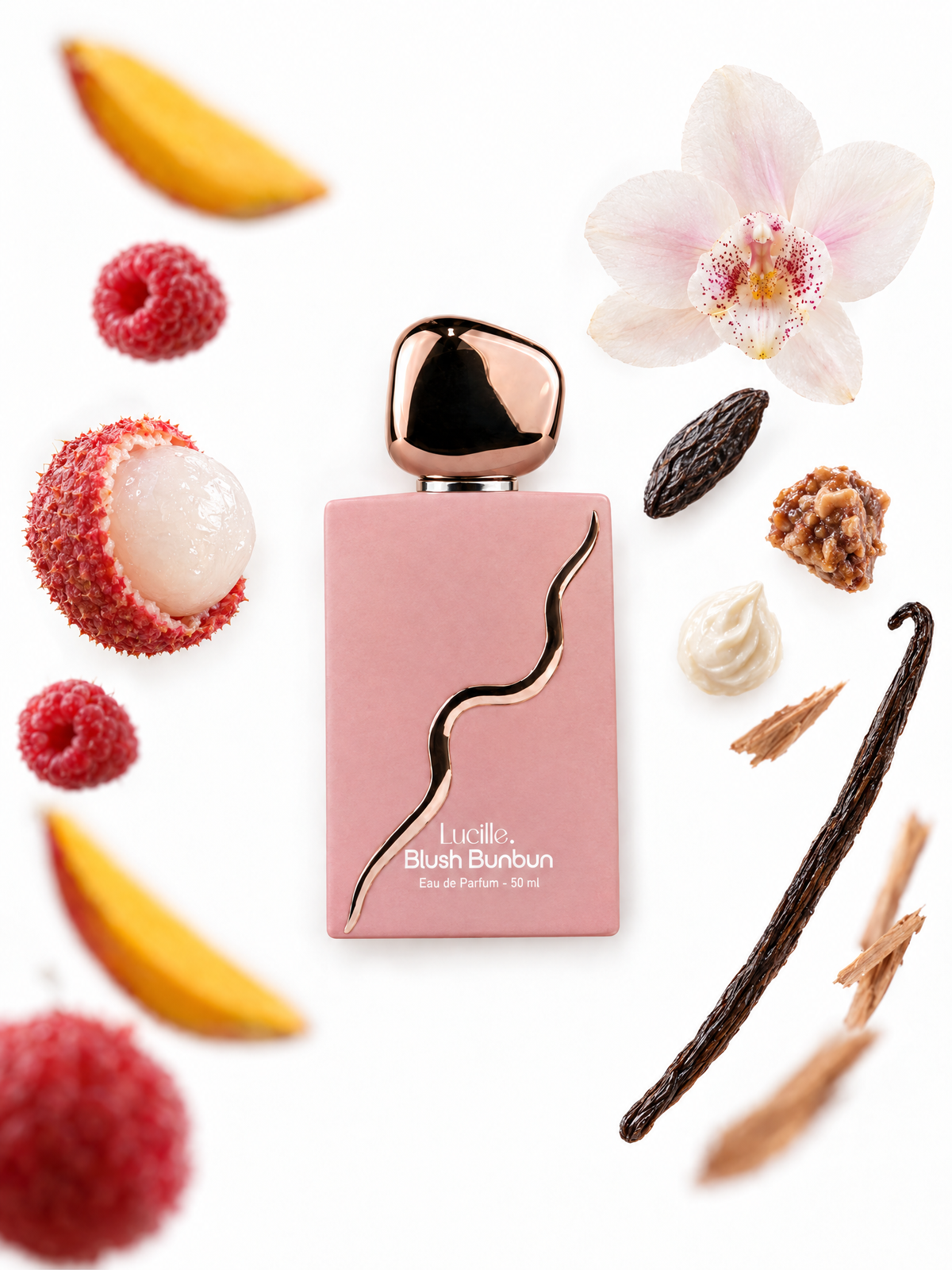 Blush Bonbon 50 ml in an artistic composition with elements evoking notes such as lychee and mango.