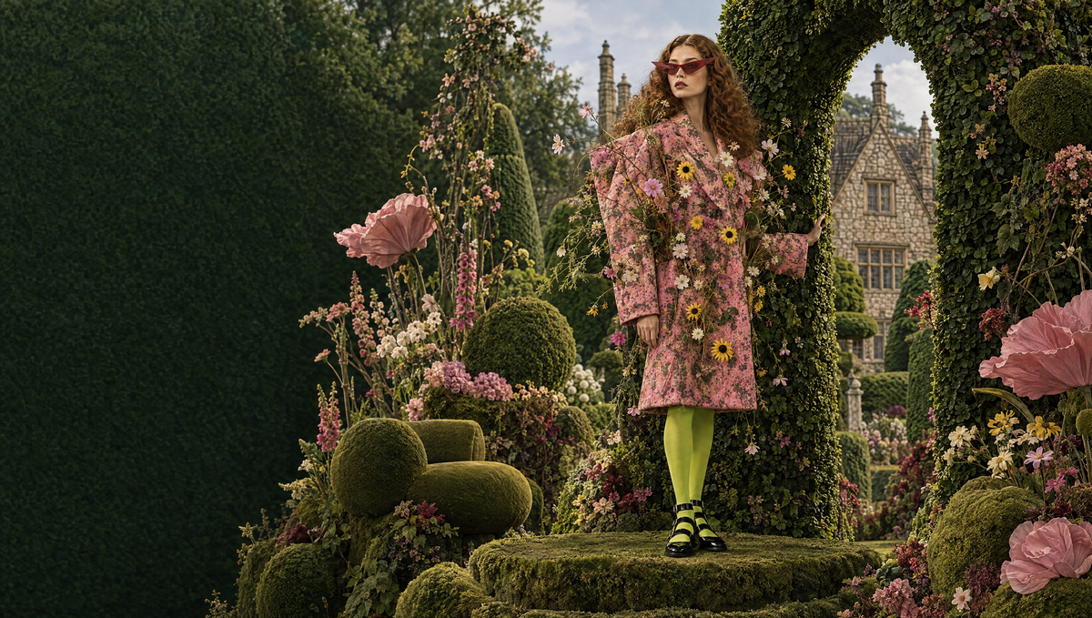 Woman in a pink floral coat and red glasses in an imagined garden of sculpted hedges.